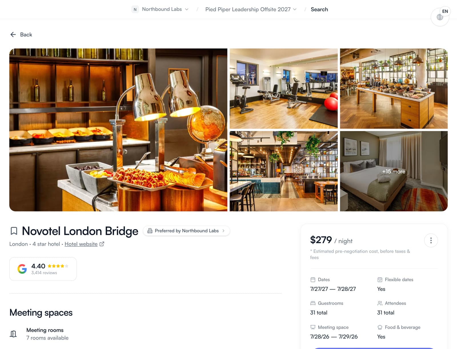 A London hotel's detail page with a photo mosaic, Google rating, meeting spaces and an estimated nightly rate.